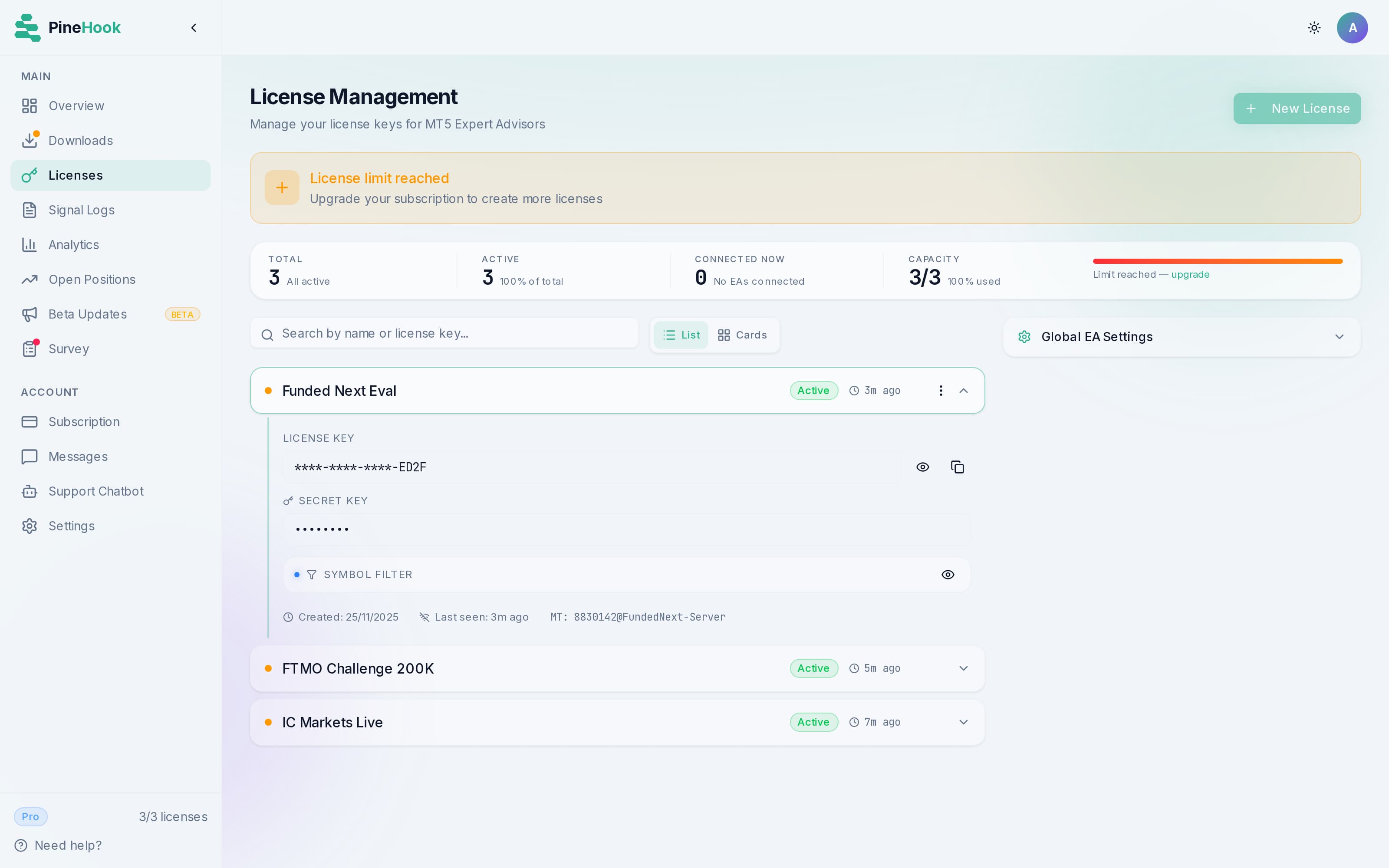Licenses in the PineHook TradingView to MT5 dashboard. One license per MT5 account, each with its own EA settings: lot sizing, spread limits, position caps, drawdown, active hours. A per-license whitelist or blacklist decides which symbols it may trade.