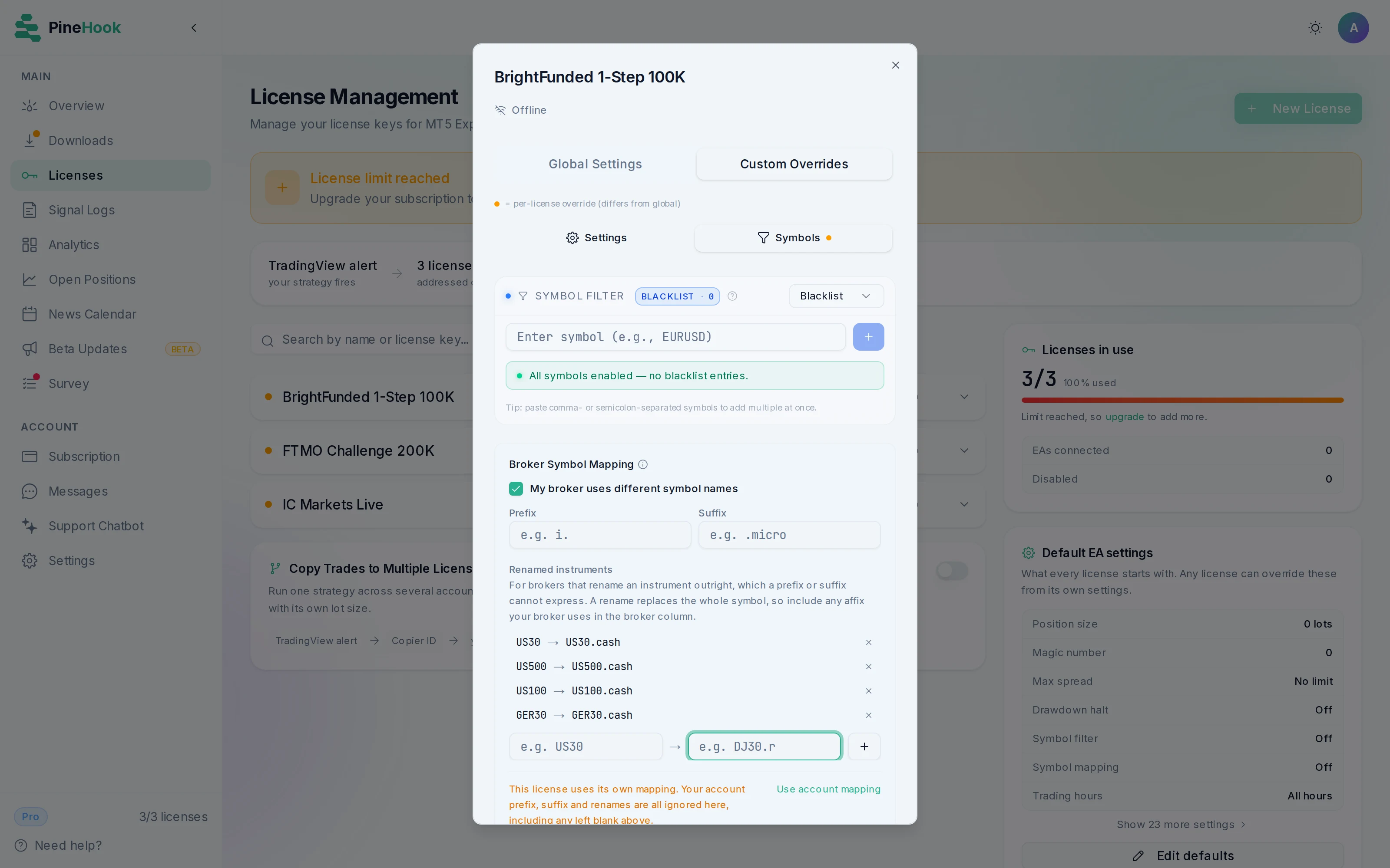 License settings with Broker Symbol Mapping enabled, renaming US30 to US30.cash, US500 to US500.cash, US100 to US100.cash and GER30 to GER30.cash