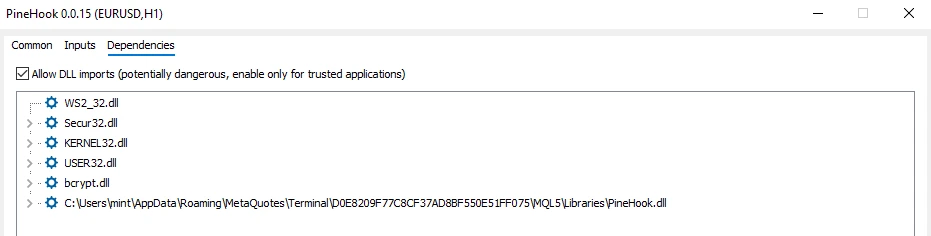 PineHook 0.0.15 EA properties on the Dependencies tab with Allow DLL imports ticked and PineHook.dll listed among the imported libraries