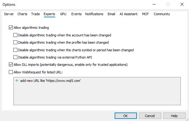 MT5 Options dialog on the Experts tab with Allow algorithmic trading and Allow DLL imports ticked