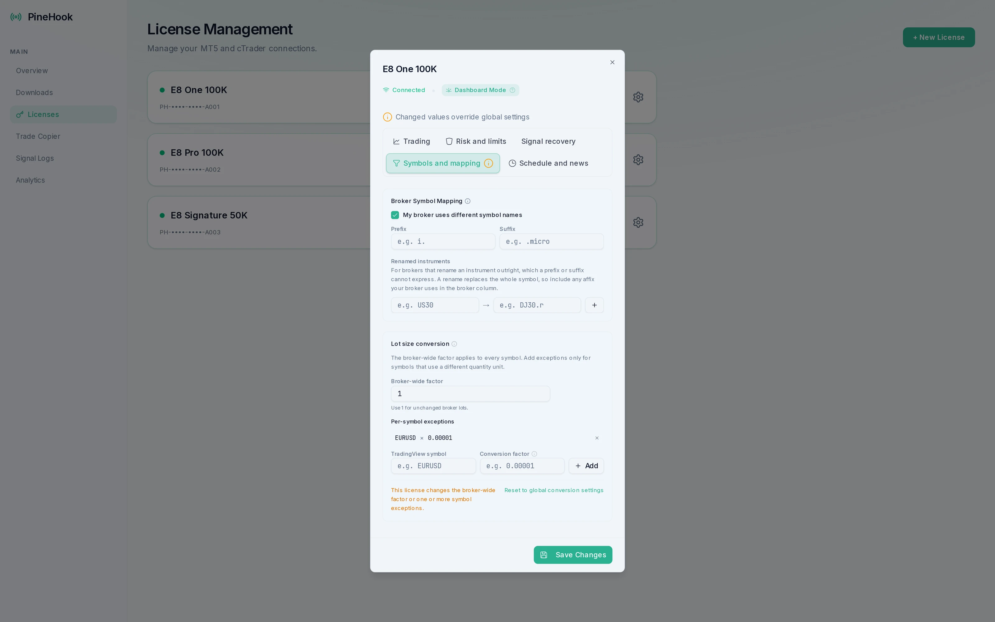 PineHook symbol mapping and lot conversion settings for an E8 Markets license