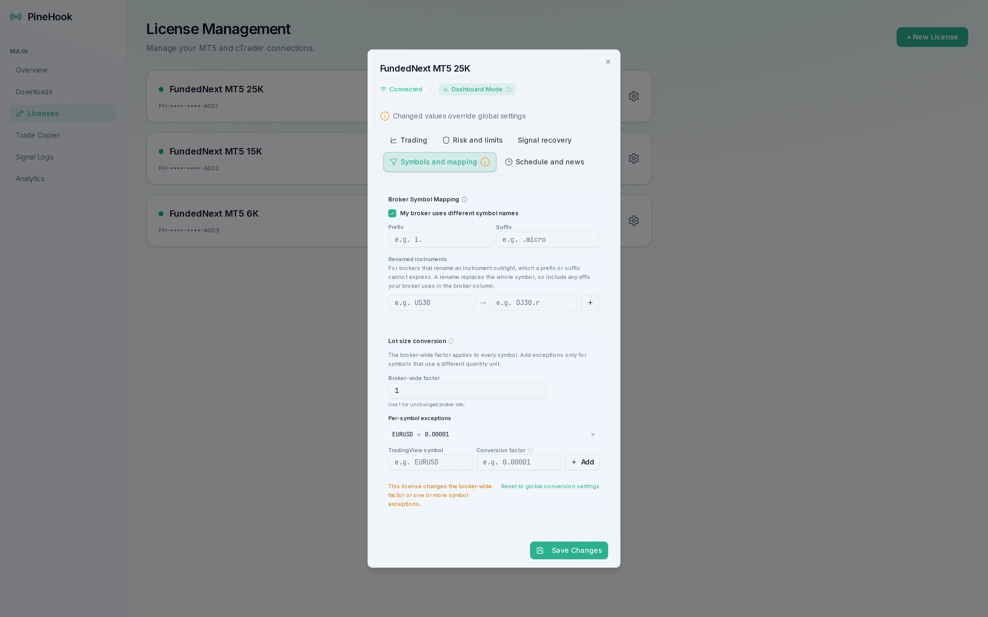 PineHook symbol mapping and lot conversion settings for a FundedNext MT5 license