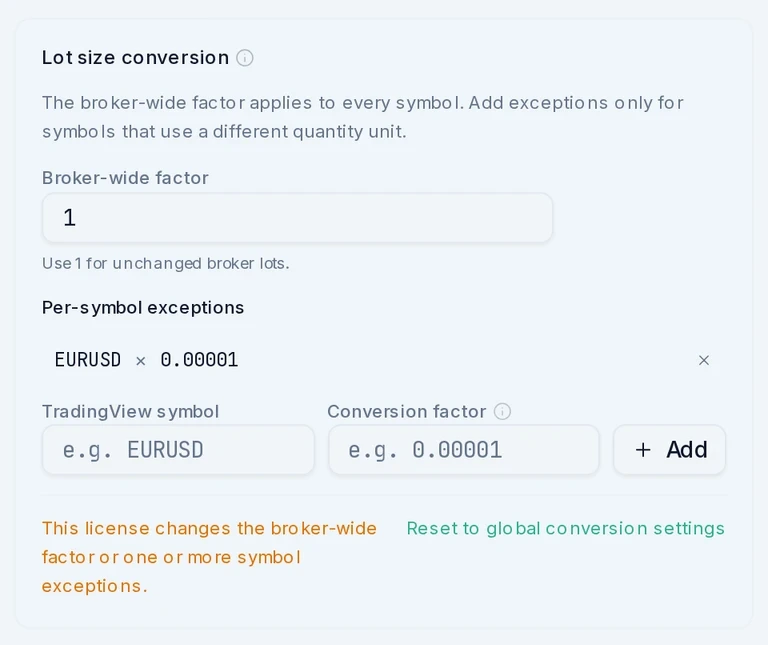PineHook Lot size conversion settings with a broker-wide factor of 1 and a per-symbol exception that multiplies EURUSD sizes by 0.00001