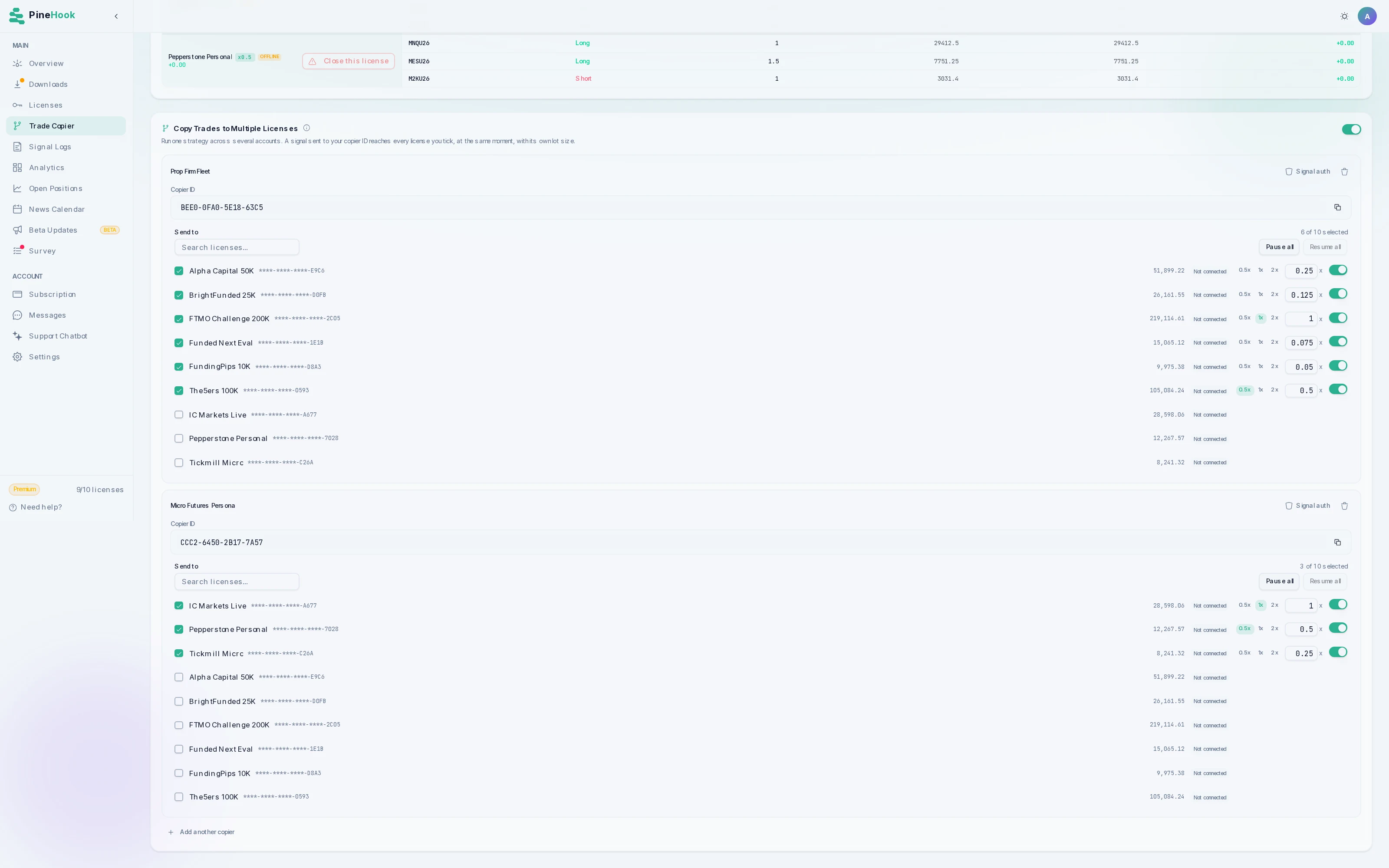 The Copy Trades to Multiple Licenses section on the Trade Copier page: two copiers, each with its own Copier ID and a Send to list where every license has its own lot multiplier and pause switch